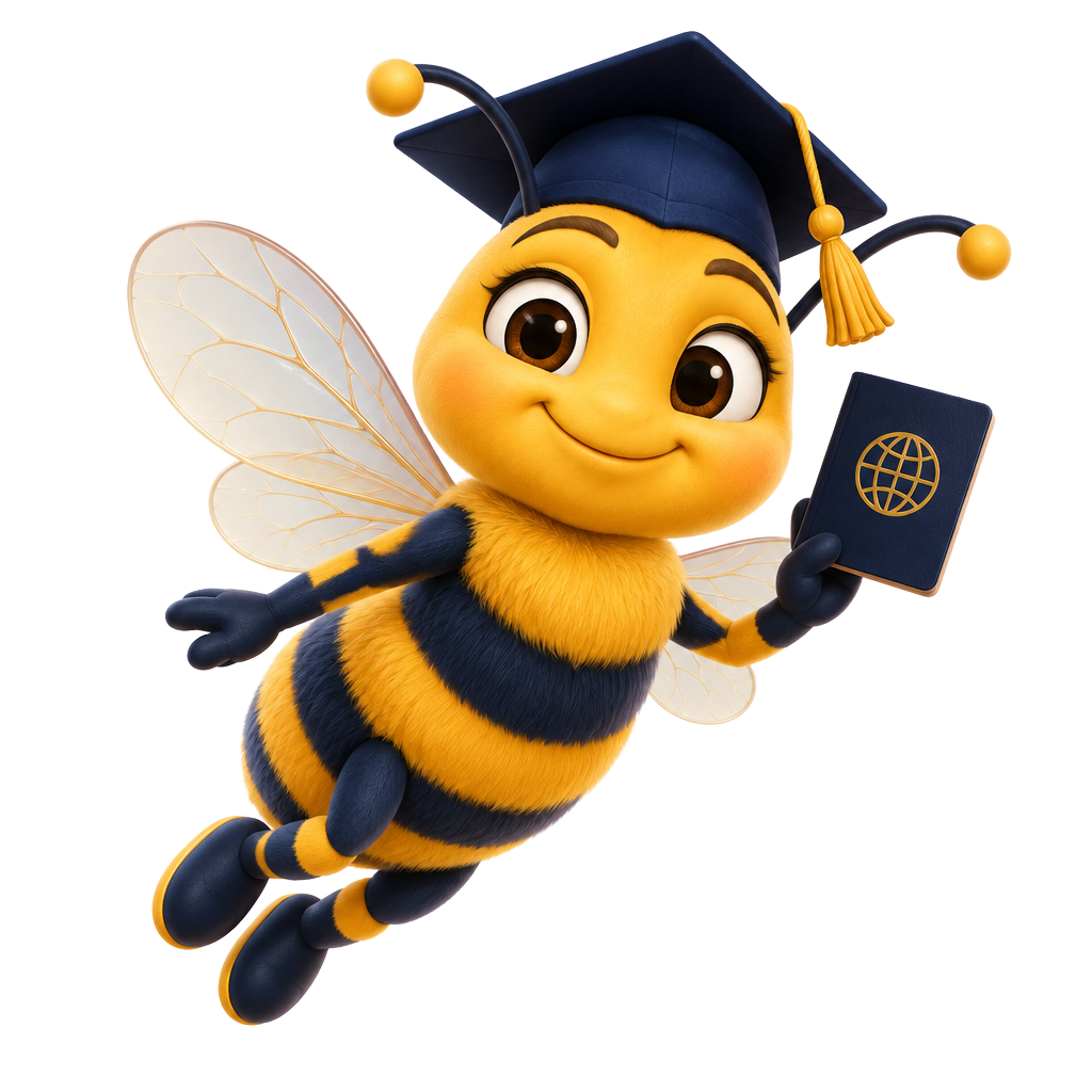 EduBee mascot flying with a graduation cap and passport