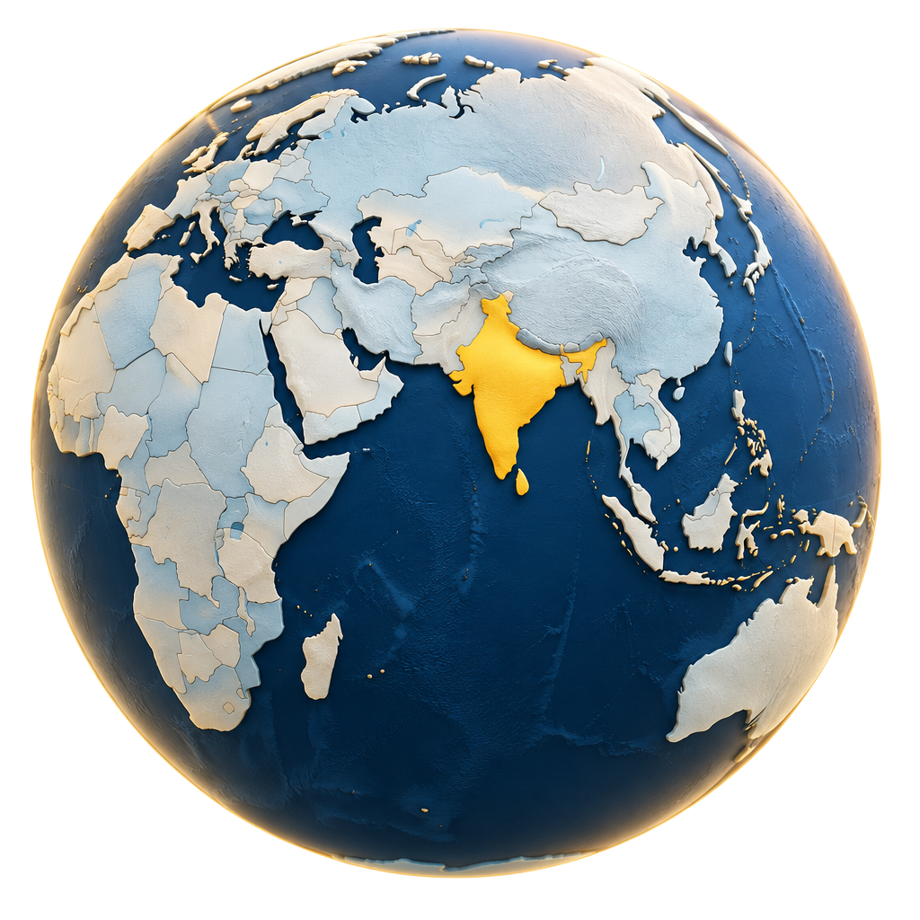 Illustrated globe with India highlighted as the center of EduBee's global university network