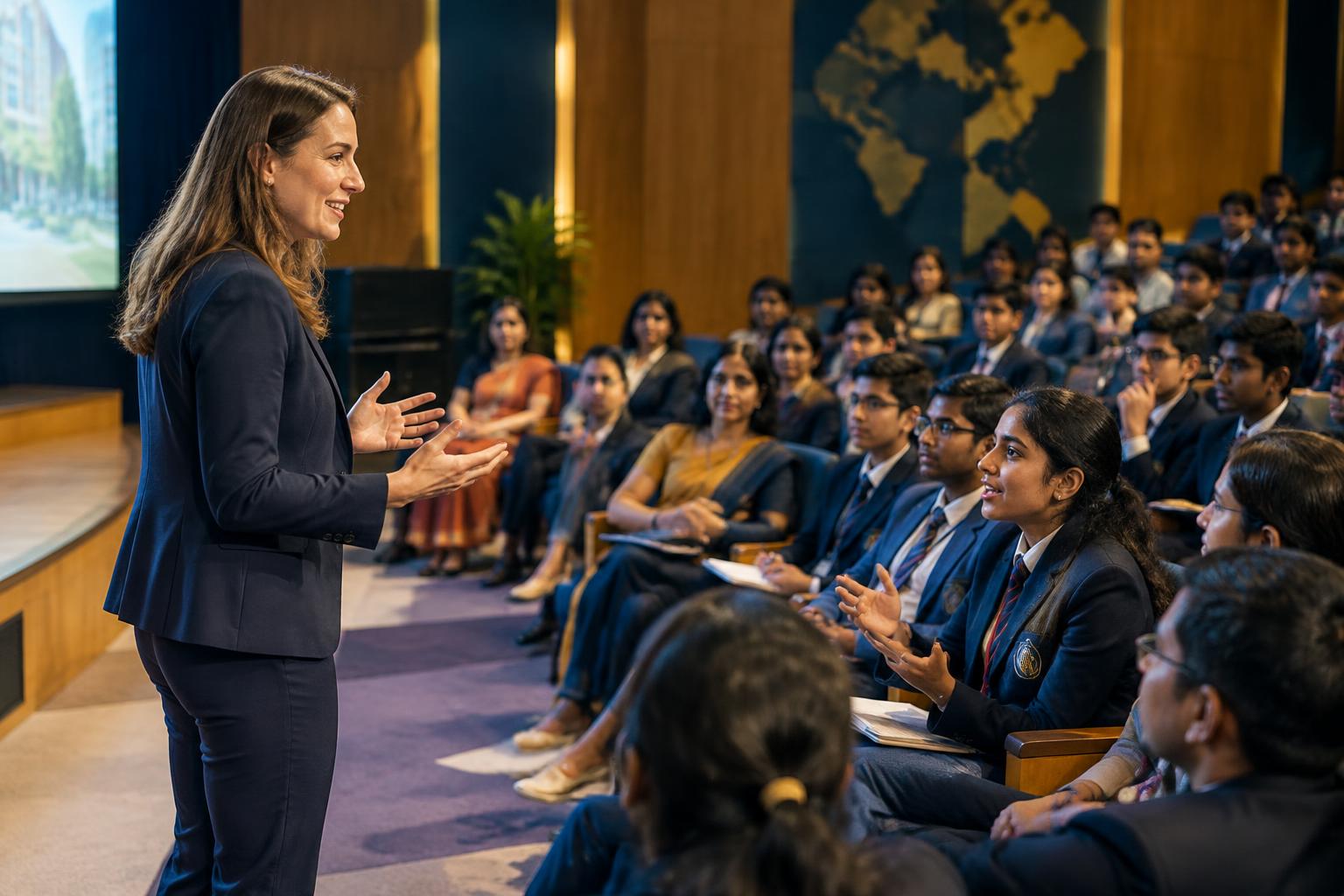 University representative speaking with students