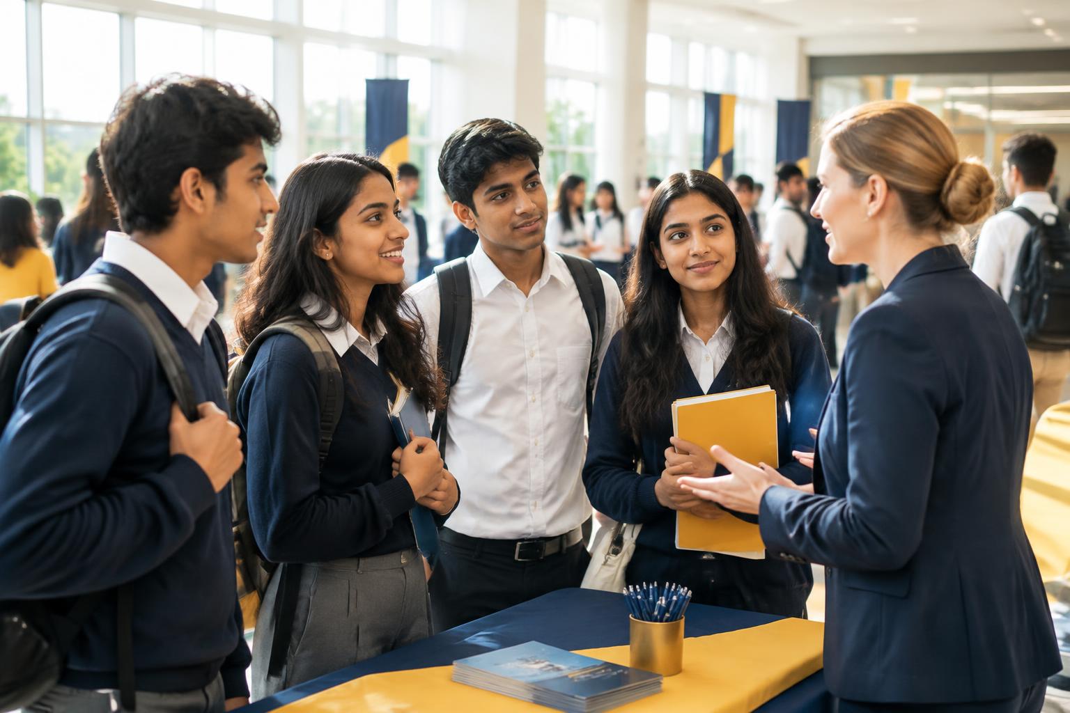Indian students interacting with an international university representative
